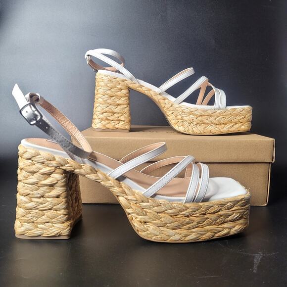Steve Madden Belise 11 White Leather Strappy Raffia Espadrille Chunky Heels‎ NWB - Picture 2 of 8